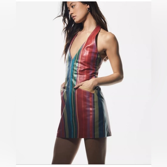Real Suede Stripe Halter Mini Dress